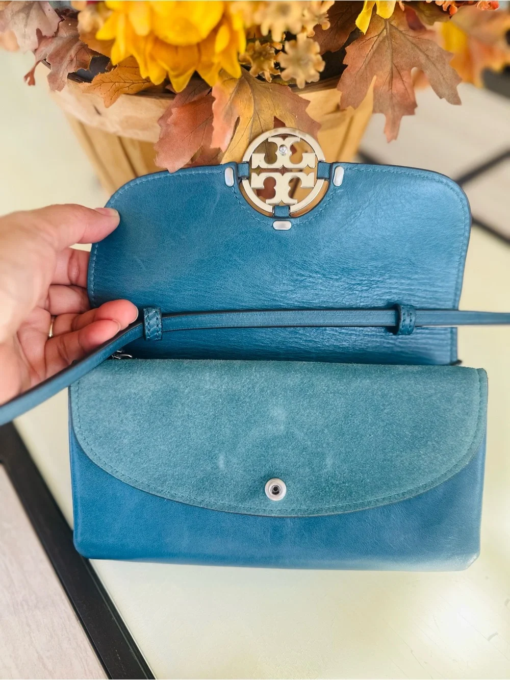 Tory Burch Teal Leather Crossbody Bag with Logo Medallion